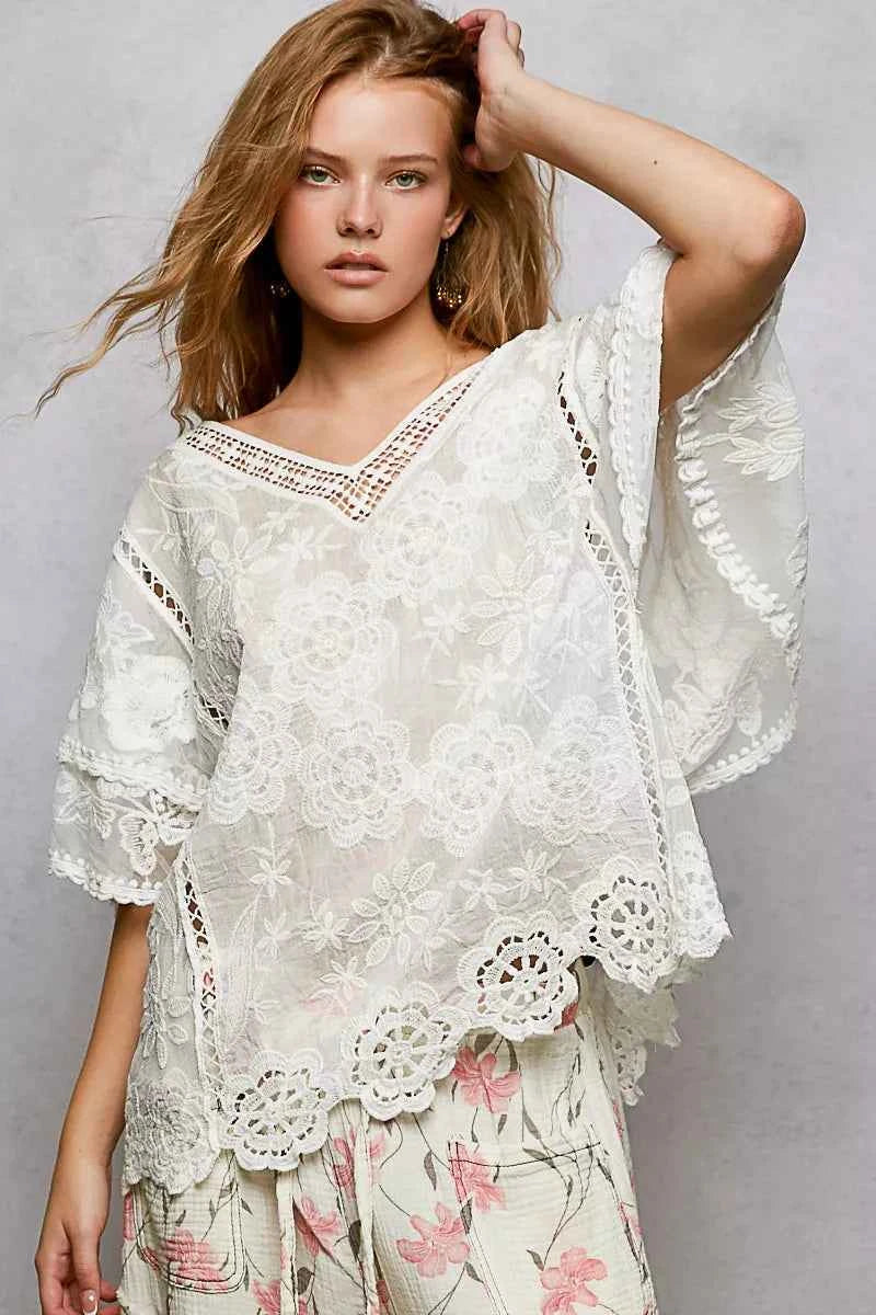 POL Floral Crochet V-Neck Short Sleeve Blouse with Scalloped Hem
