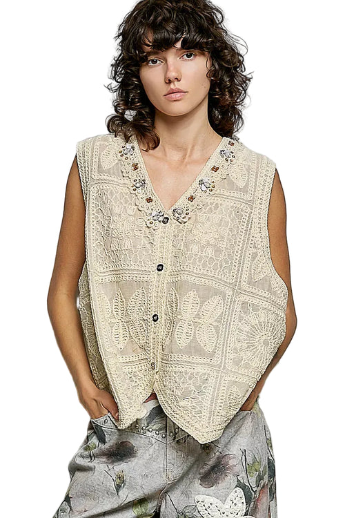 Professional Lace Trim Embroidered Floral V-Neck Crochet Vest