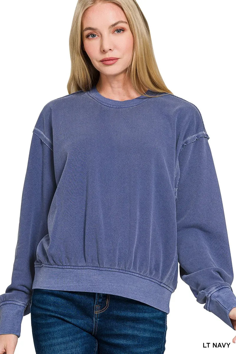 Zenana Women's Pullover Soft Fleece Pigment Light Navy Dye Round Neck Top LT NAVY 69fa1cf2ab904540a896dd5d99548100-Max-Origin Trendsi
