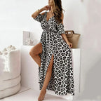 Leopard Maxi Dress Cold Shoulder Strap Sexy Side Slit Flowy Elegant Summer Dress