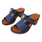 Women Open Toe Block Heel Sandals Mid Heel Hollow Flower Slippers Casual Slip-On