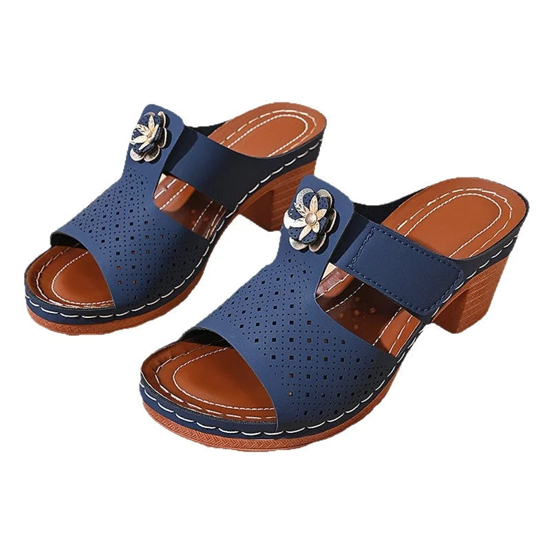 Women Open Toe Block Heel Sandals Mid Heel Hollow Flower Slippers Casual Slip-On