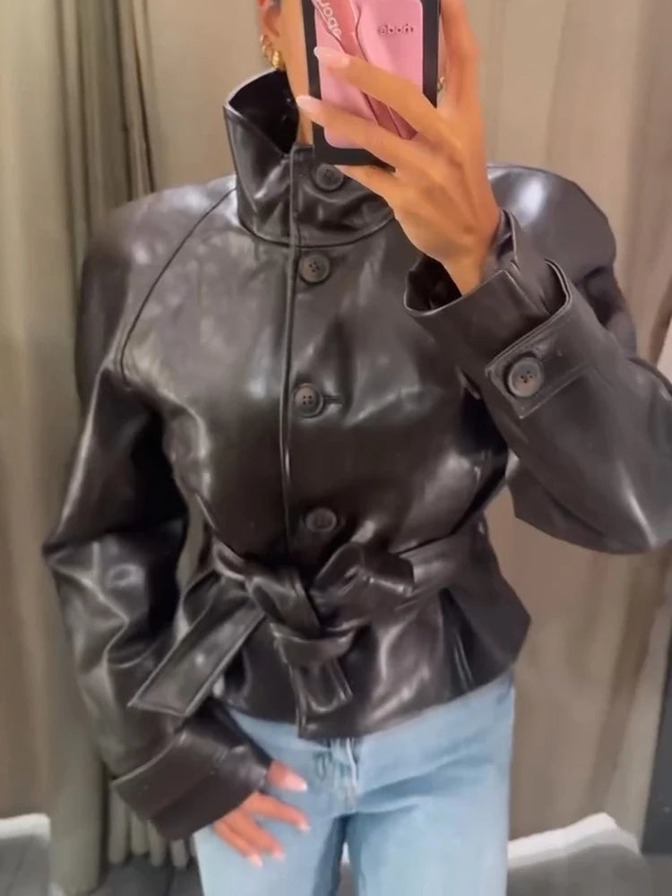 Women's Faux Leather Casual Fashion Jacket Belted Stand-Collar Button-Front Coat