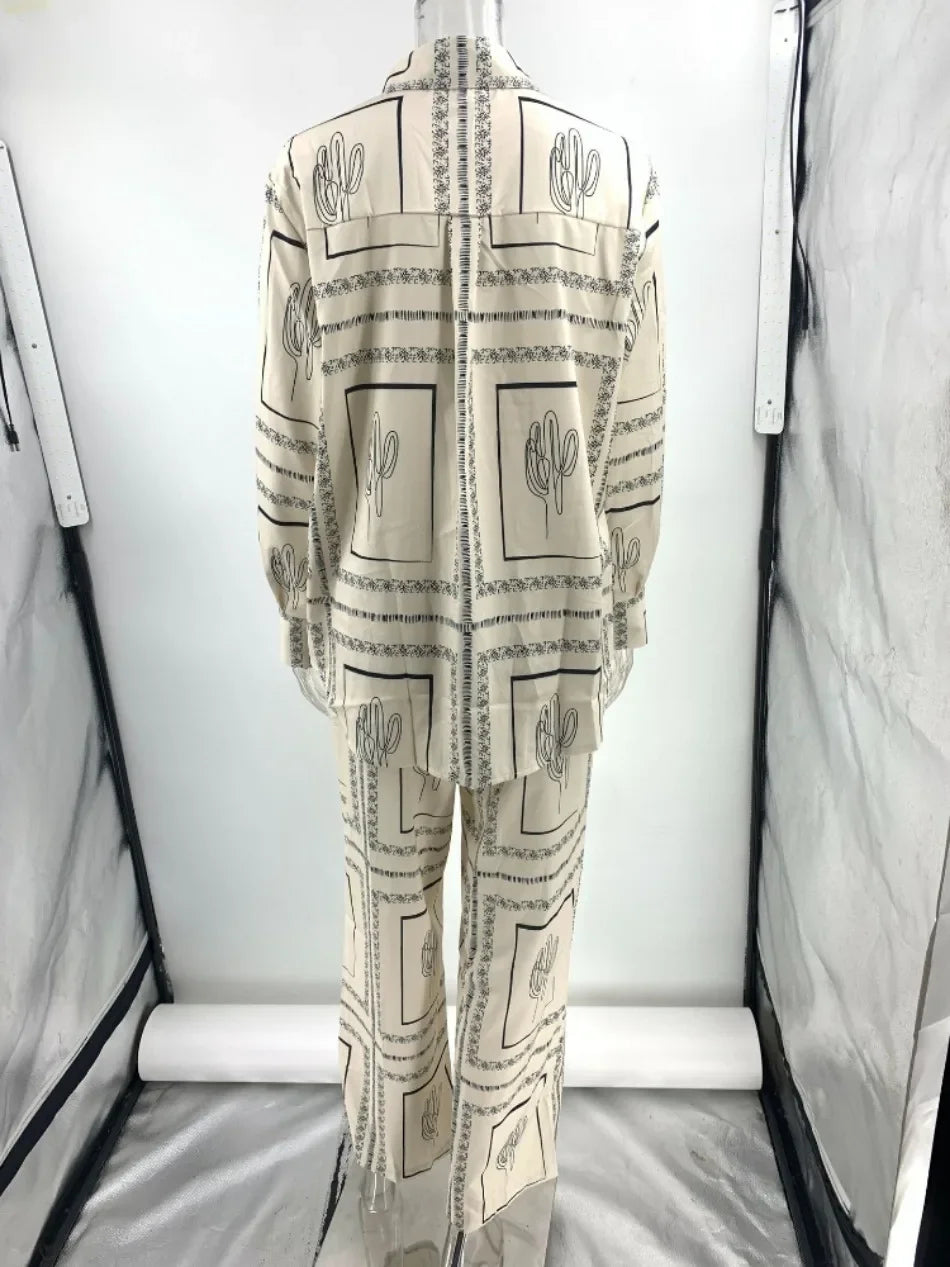 Women's Casual Fashion Outfit Set Cactus Print Long Sleeve Shirt Wide Leg Pants