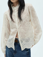 Women's Shirt Blouse Floral Embroidered Sheer Lace Long Sleeve Ruffle Neck Top