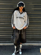 Women's Oversized Top Los Angeles Striped White Black Retro American Long Sleeve