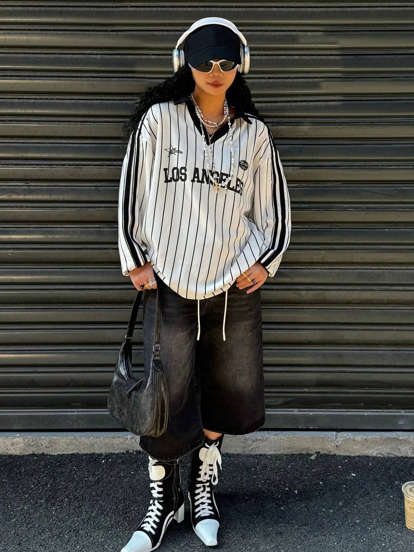 Women's Oversized Top Los Angeles Striped White Black Retro American Long Sleeve