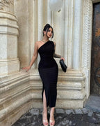 Bodycon Midi Dress One-Shoulder Ruched Side Slit Slimming Party Dresses