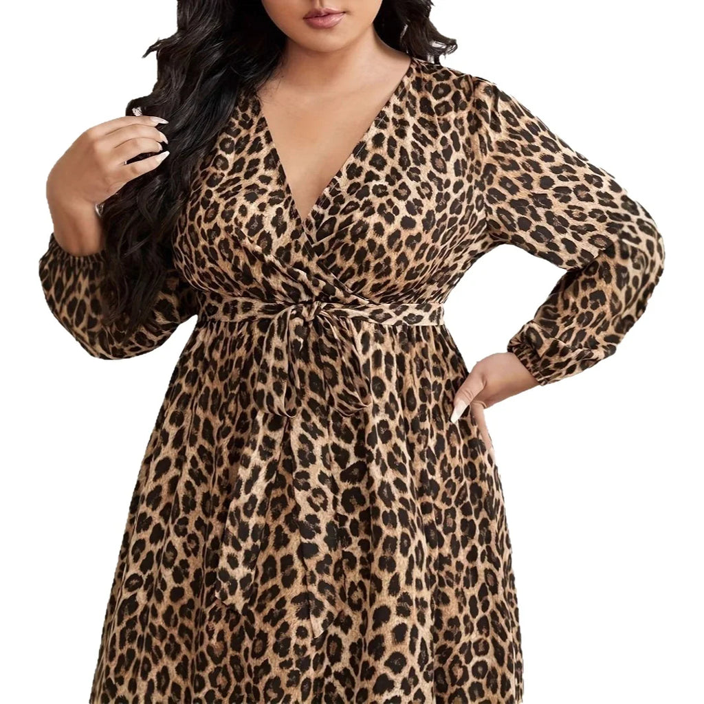 Plus Size Leopard Print Long Sleeve Split Dress Women's Fashion Surplice Maxi Dress