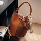 Women's Bucket Bag Small Coffee Brown PU Leather Two-Tone Casual Crossbody