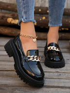 Women’s Patent Leather Shoes Classic Chain Design Chunky Loafers with Mid Heels