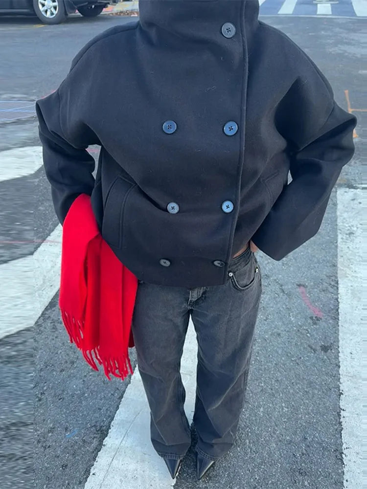 Women's High-Neck Double-Breasted Jacket with Pockets