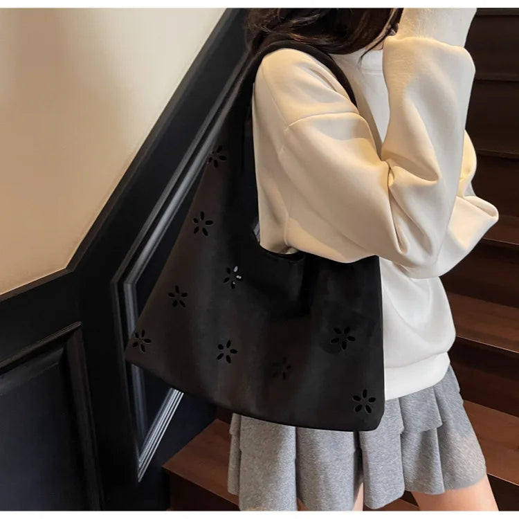 Women's Suede Shoulder Bag Floral Cutout Large Casual Handbags 2 in 1 Purses