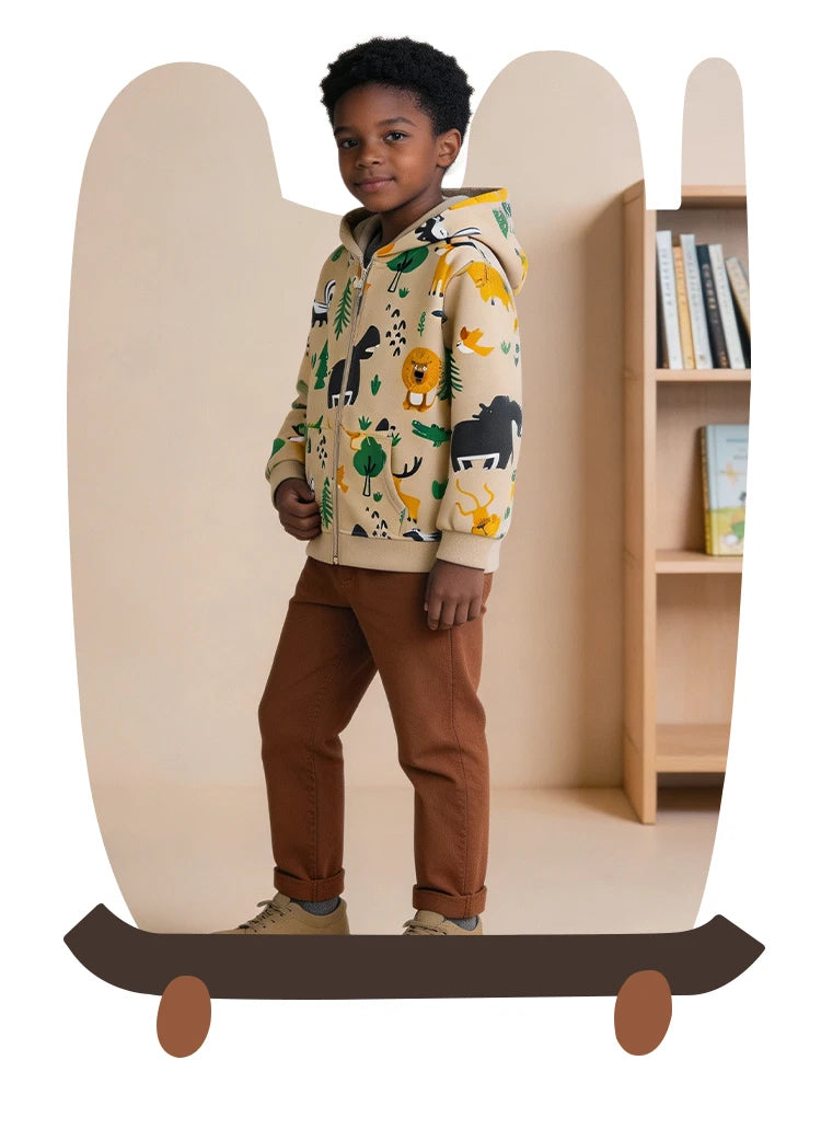 Kids' Forest Animal Print Cotton-Blend Zip-Up Hooded Jacket