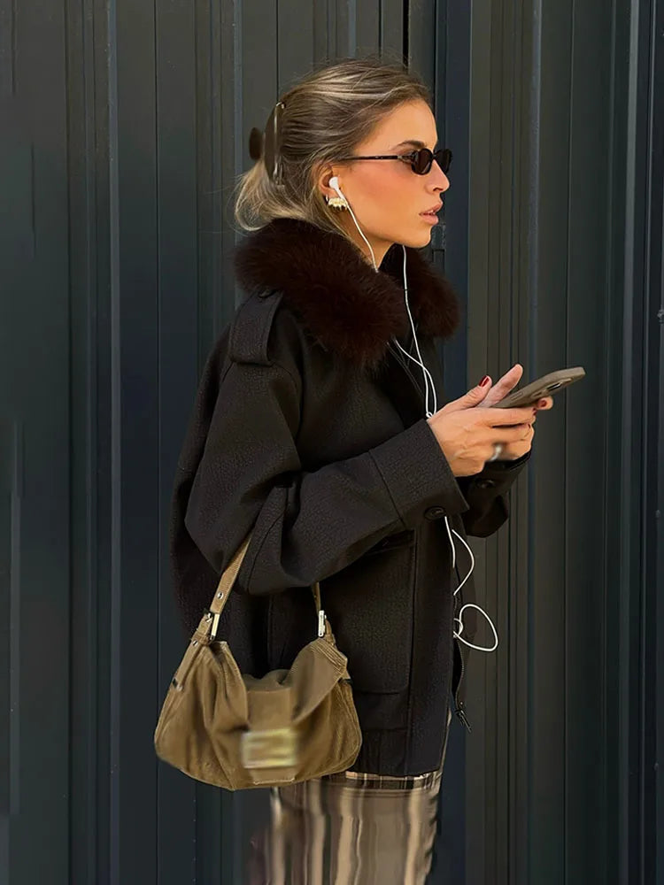 Women's  Faux Fur Collared Zip-Up Jacket with Pockets