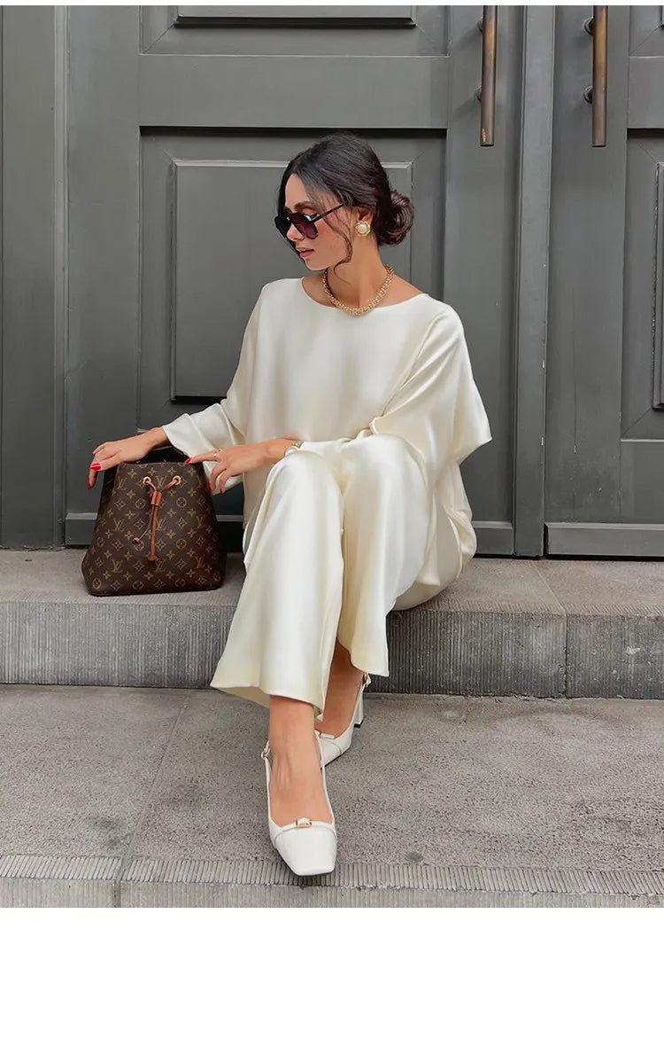 Silky Smooth Glossy Outfit Cream Long Sleeve Top Wide Leg Pants Elegant Fashion