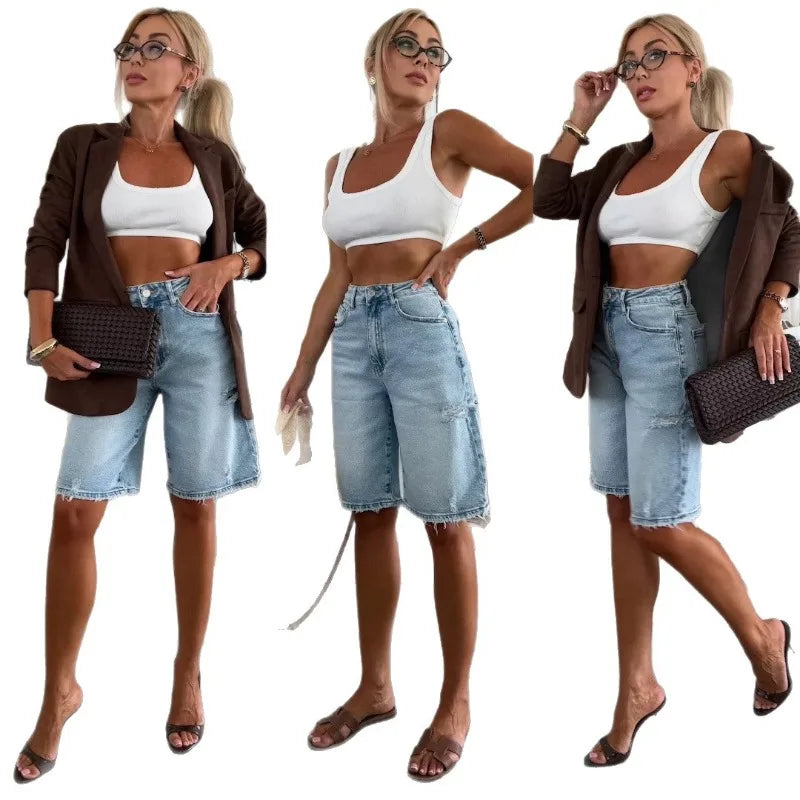 Women Distressed Denim Capris Loose Casual Urban Street Style Raw Hem High Waist
