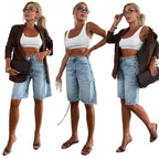Women Distressed Denim Capris Loose Casual Urban Street Style Raw Hem High Waist