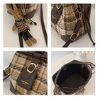 Women's Bucket Crossbody Bag Mini Drwastring Woven Plaid Pu leather Handbags