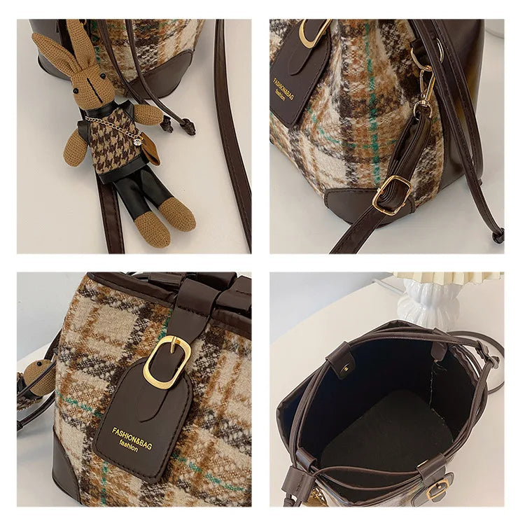 Women's Bucket Crossbody Bag Mini Drwastring Woven Plaid Pu leather Handbags