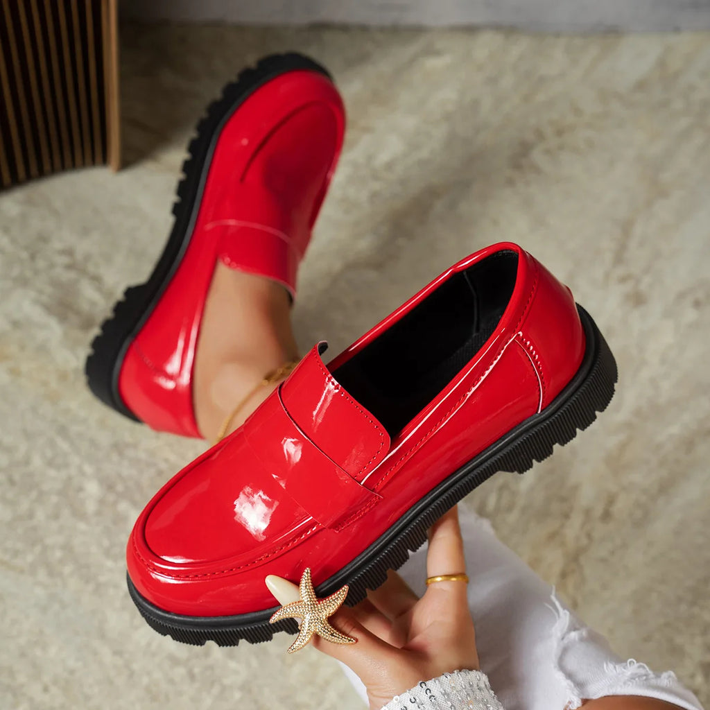 Woman Black Patent Leather Loafers Non-slip Platform Casual Shoes for Daily Wear