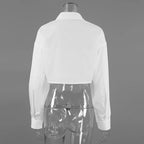 Sexy V-neck Cropped White Shirt Women's 3/4 Sleeve Collared Office Elegant Top