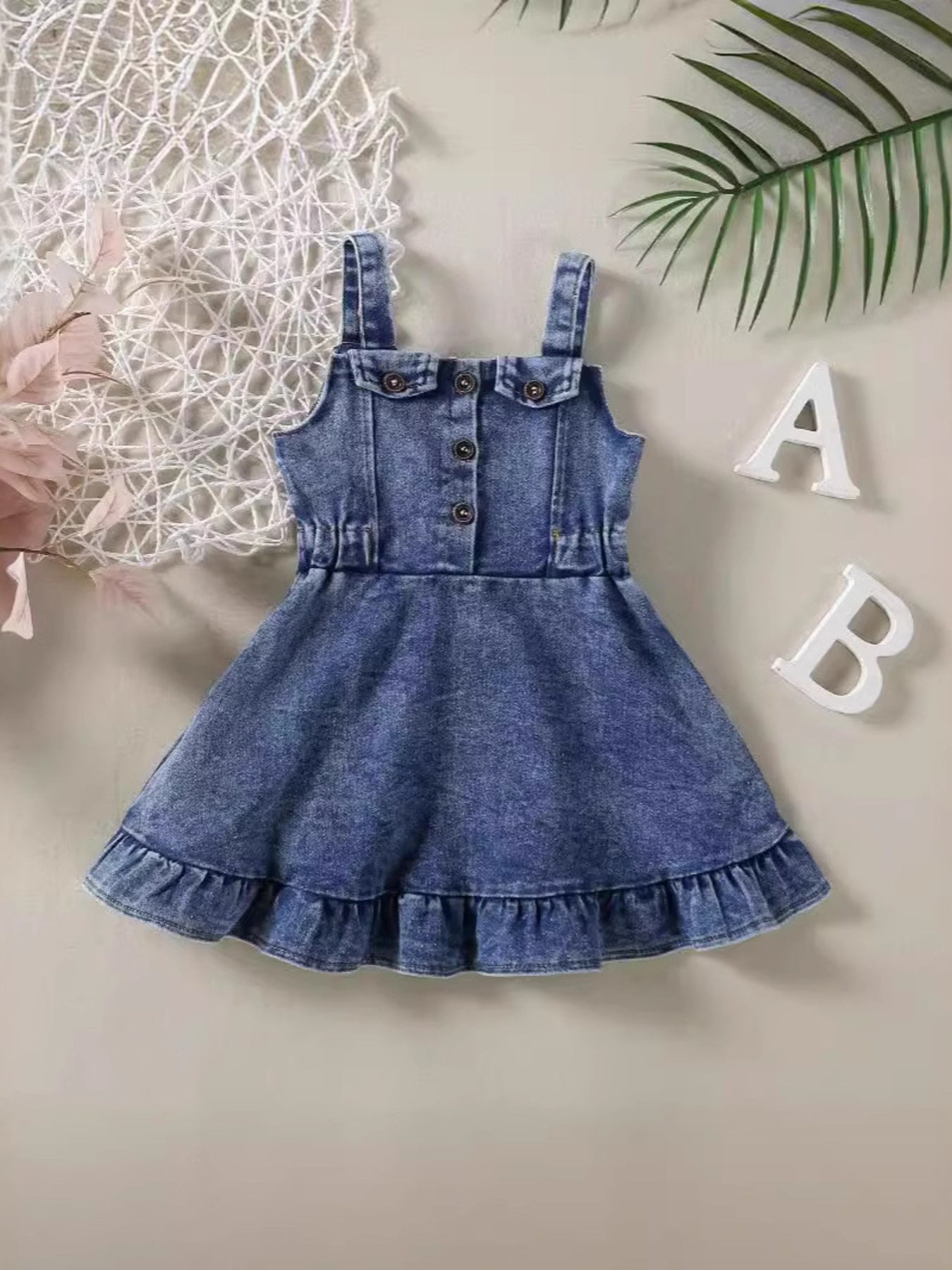 Children's Denim Overall Dress with Button Front and Ruffled Hem