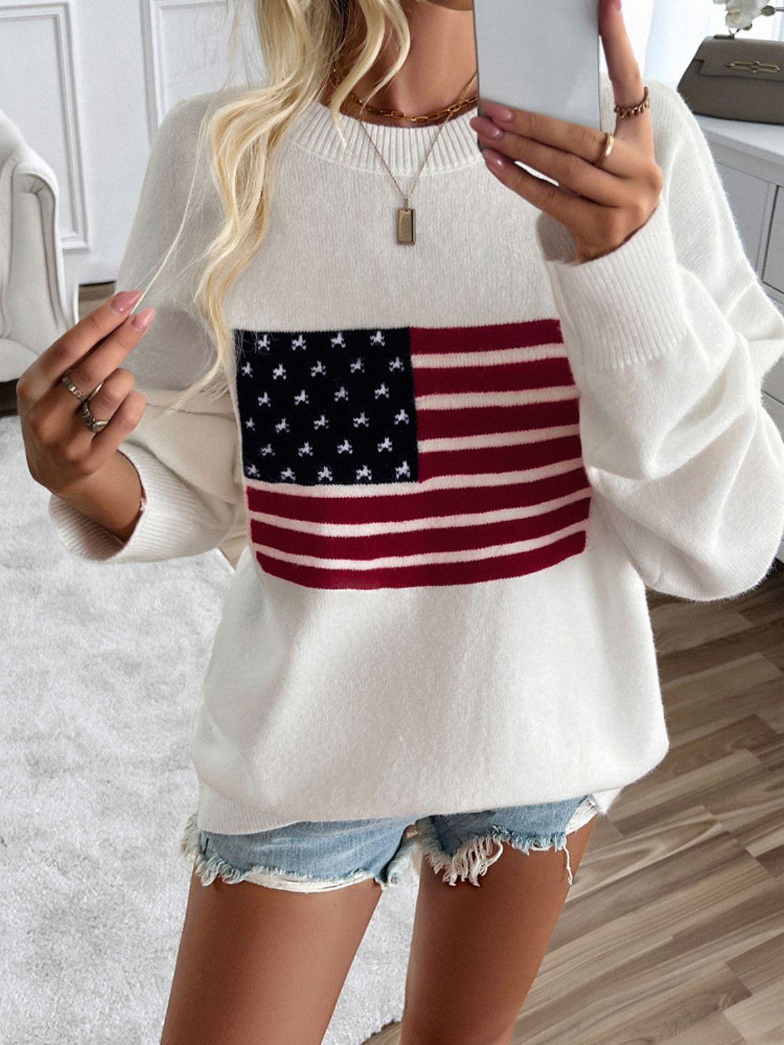 Knit Top US Flag Round Neck Long Sleeve Knitwear White 6a0b8ca1-c9c1-43e9-adbf-6157649e5b21-Max Trendsi