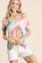 BiBi Circular Tie Dye Print Womens Blouse V Neck Top Short Sleeves 6a14e55eda99428cacaf45e1c38efb22-Max-Origin Trendsi