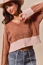 SO ME Cropped Sweater Rust Contrast Chenille Cable Knit V Neck Top 6a269f1a8a0a4d3aaf5286b2a43103bf-Max-Origin Trendsi
