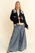 Davi & Dani Floral Applique Cardigan Black Women Open Front Long Sleeve Black 6a2f5c75-7670-42cf-b0a5-8670335e32ca-Max Trendsi