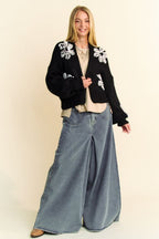 Davi & Dani Floral Applique Cardigan Black Women Open Front Long Sleeve Black 6a2f5c75-7670-42cf-b0a5-8670335e32ca-Max Trendsi