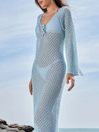 Swimwear Cover-Up Maxi Dress Knit Long Sleeve Backless Tied Light Blue 6a3bb101-ad2b-4702-bbc2-ad55b3cce155-Max-Origin Trendsi