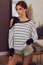 BiBi Blouse Stripe Yarn Dye Waffle One Shoulder Ribbon Detail Top IVORY BLACK 6a45463fee9f4b70b30e73185d664cd6-Max-Origin Trendsi