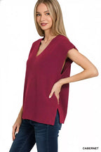 Zenana Womens Sweater Vest Burgudy Ribbed Slit V-Neck Short Sleeve 6a4b0c7c-53b9-4cad-9b79-4c884fc6f884-Max-Origin Trendsi