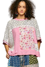 POL Floral Blouse Candy Pink Patchwork Lace Accent Short Sleeve Top CANDY PINK 6a4ef8a8-65ce-4d1d-b473-e1d5d9d2f023-Max-Origin Trendsi