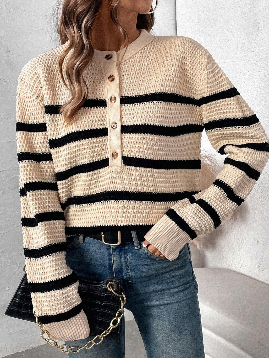Perfee Striped Sweater Half Button Long Sleeve Knitwear Tan 6a4f938c-001d-4688-82c9-0f2f6cbe1036-Max Trendsi
