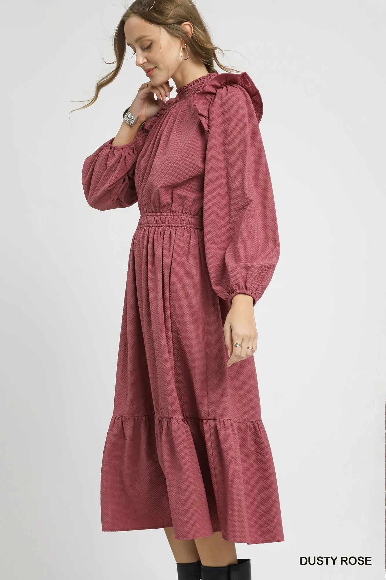 Umgee Midi Dress Dusty Rose Textured with Ruffle Shoulder Long Sleeve Smocked 6a532905-2167-450c-bf7b-122e0f4680b8-Max-Origin_b759b19a-3b22-4c47-ba4f-5cdfcf45499c Trendsi