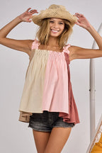 BiBi Babydoll Top Ruffle Frill Shoulder Strap Pink Color Block Bodice 6a59dd7da7af456cb2af29562a951b50-Max-Origin Trendsi