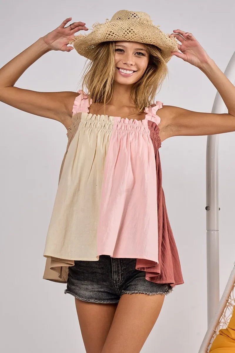 BiBi Babydoll Top Ruffle Frill Shoulder Strap Pink Color Block Bodice