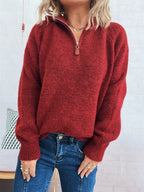 Women's Sweater Quarter Zip Hooded Ribbed Hem Long Sleeve Knitwear 6a5b9b92e7a54508aafa650d6dcea1fd-Max-Origin Trendsi