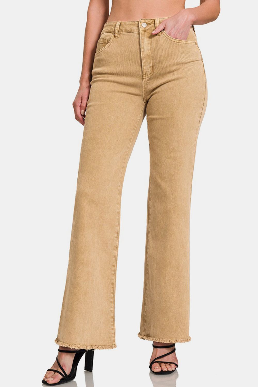 Zenana Bootcut Jeans Women Light Camel Acid Washed Frayed Hem Pants