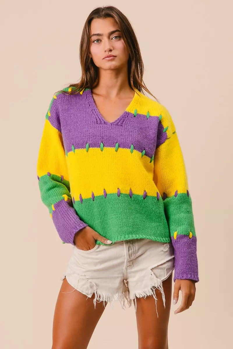 BiBi Stitch Detail Mardi Gras Stripes Sweater