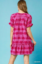 Umgee Babydoll Dress Magenta Pink Heart Pattern Short Sleeve Ruffle 6a63031e-a457-469f-bf79-8a8ef3fb0115-Max-Origin Trendsi