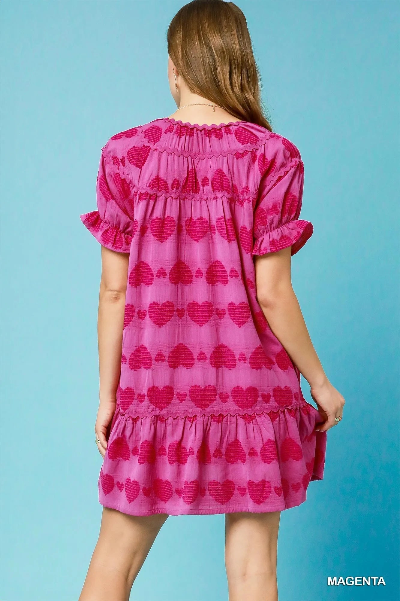 Umgee Babydoll Dress Magenta Pink Heart Pattern Short Sleeve Ruffle 6a63031e-a457-469f-bf79-8a8ef3fb0115-Max-Origin Trendsi
