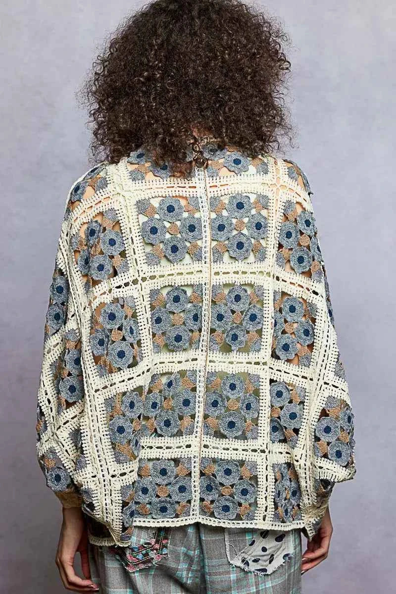 POL Crochet Cardigan Charcoal Multi Floral Open Front Knit Top 6a63bc85-4c0c-4000-9cce-7b0bb9936697-Max-Origin Trendsi