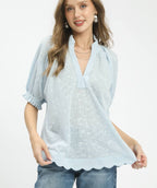 Umgee Textured Pintuck Blouse with Ruffle Collar and Puff Sleeves