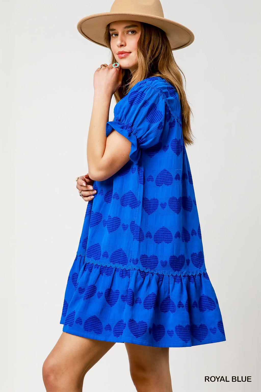 Umgee Babydoll Dress Royal Blue Heart Pattern Short Sleeve Ruffle 6a71de07-70a6-4431-977b-44b20f845f82-Max-Origin Trendsi