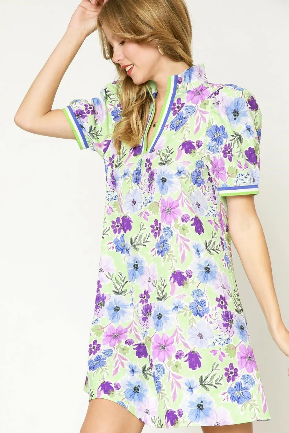 Umgee Mini Dress Floral Purple Green Mix Print Short Puff Sleeve 6a796916-b42b-455b-bb81-79f3cdfbb153-Max-Origin Trendsi