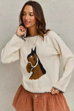 SO ME Horse Sweater Top Ivory Knit with Blanket Stitch Long Sleeve 6a7b6abdb5804f108f5b60cb8889ab4f-Max-Origin Trendsi
